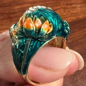 Enamel & rhinestone Lotus flower gold plated 925 sterling silver ring